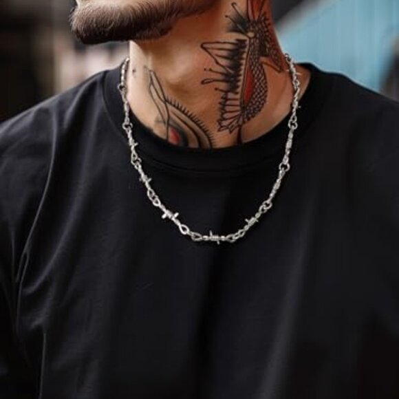 Stainless Steel Barbed Wire Necklace Punk Rock Hip Hop Chain 22 Inch - Picture 7 of 8